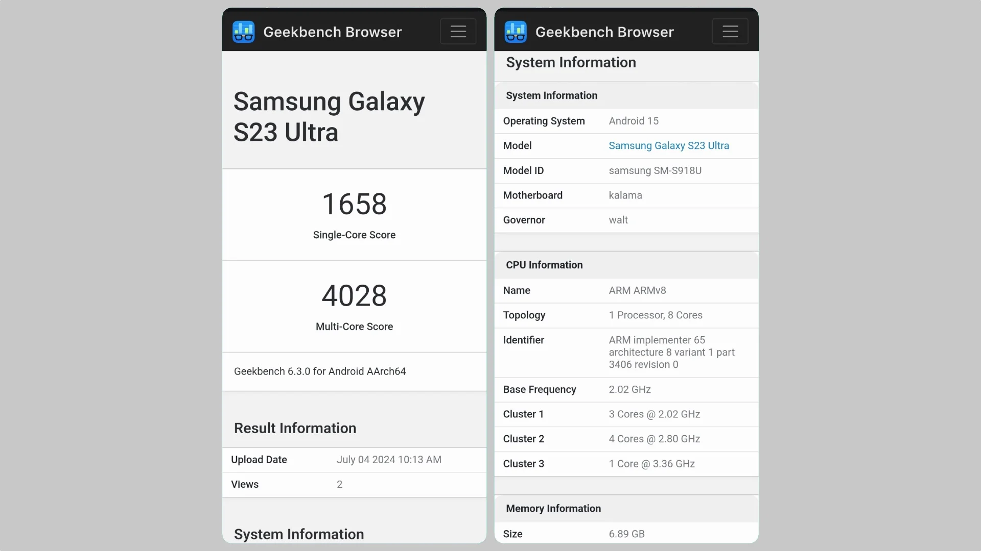 samsung galaxy s23 ultra android 15 one ui 7.0 geekbench