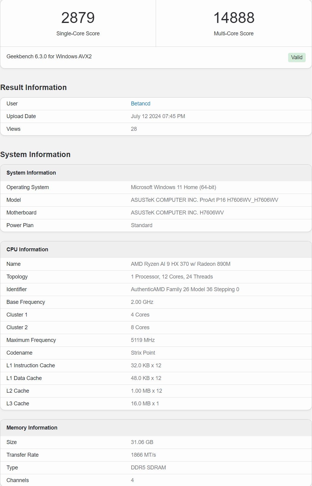 AMD Ryzen AI 9 HX 370 Strix APU Geekbench Score